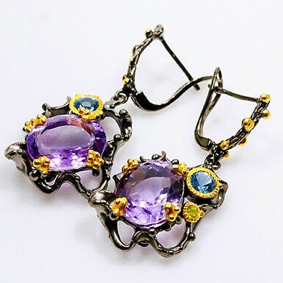 Purple Amethyst Sterling Silver  Drop Earrings - Picture 3 of 7